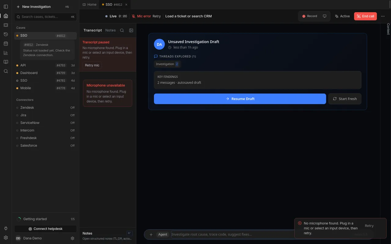 Live call view showing the microphone unavailable message with Retry mic