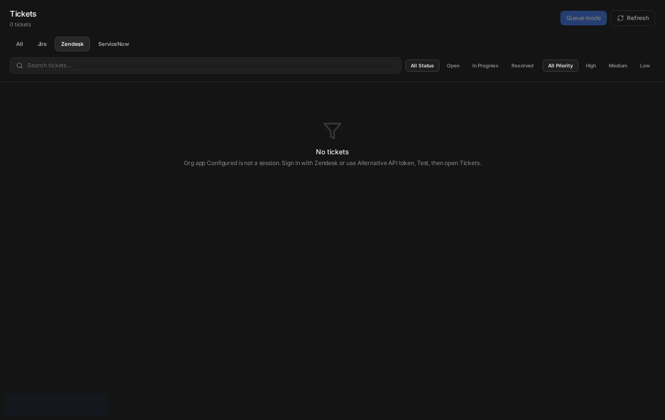 Tickets empty state asking you to sign in with Zendesk or use an API token