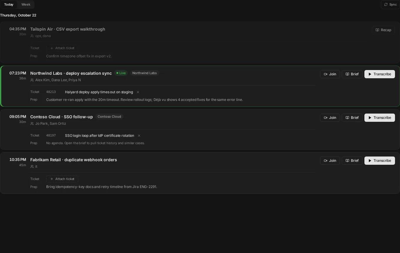 Customer calls with linked tickets, prep notes, join and transcribe actions