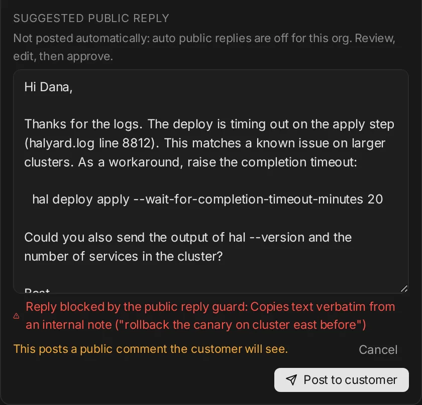 Suggested public reply blocked by the public reply guard